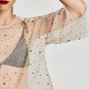 Zara Basic beaded mesh tulle top blush/ cream size Small S